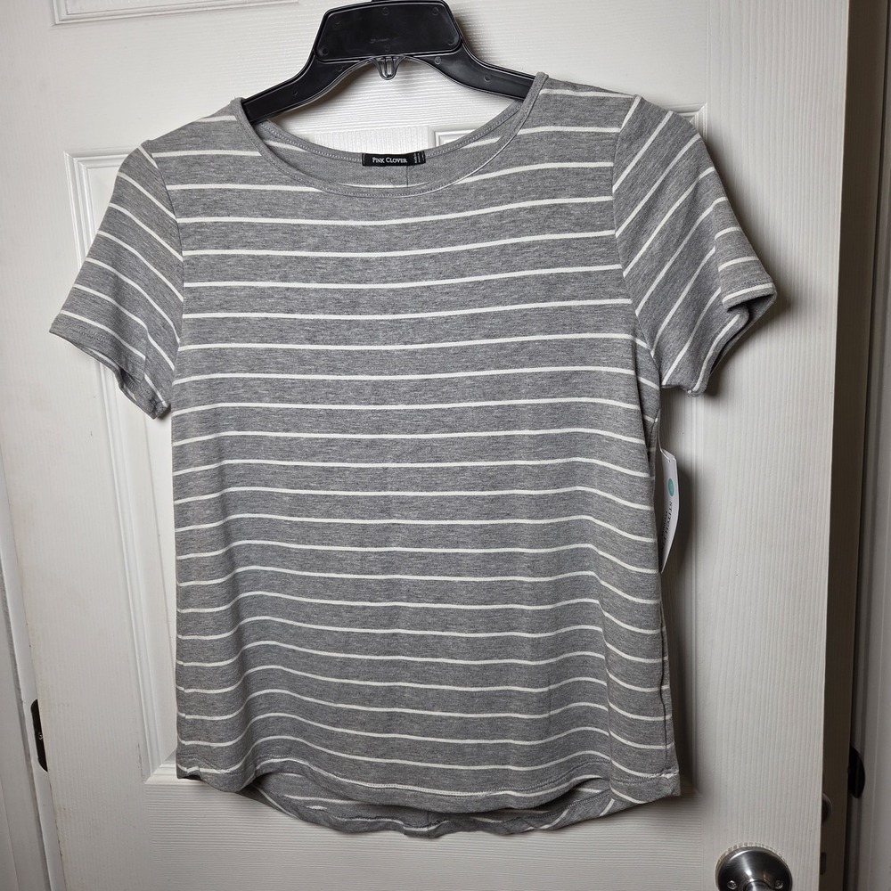 Stitch Fix Pink Clover sz L gray/wht striped Daisee Knit top NWT casual basic